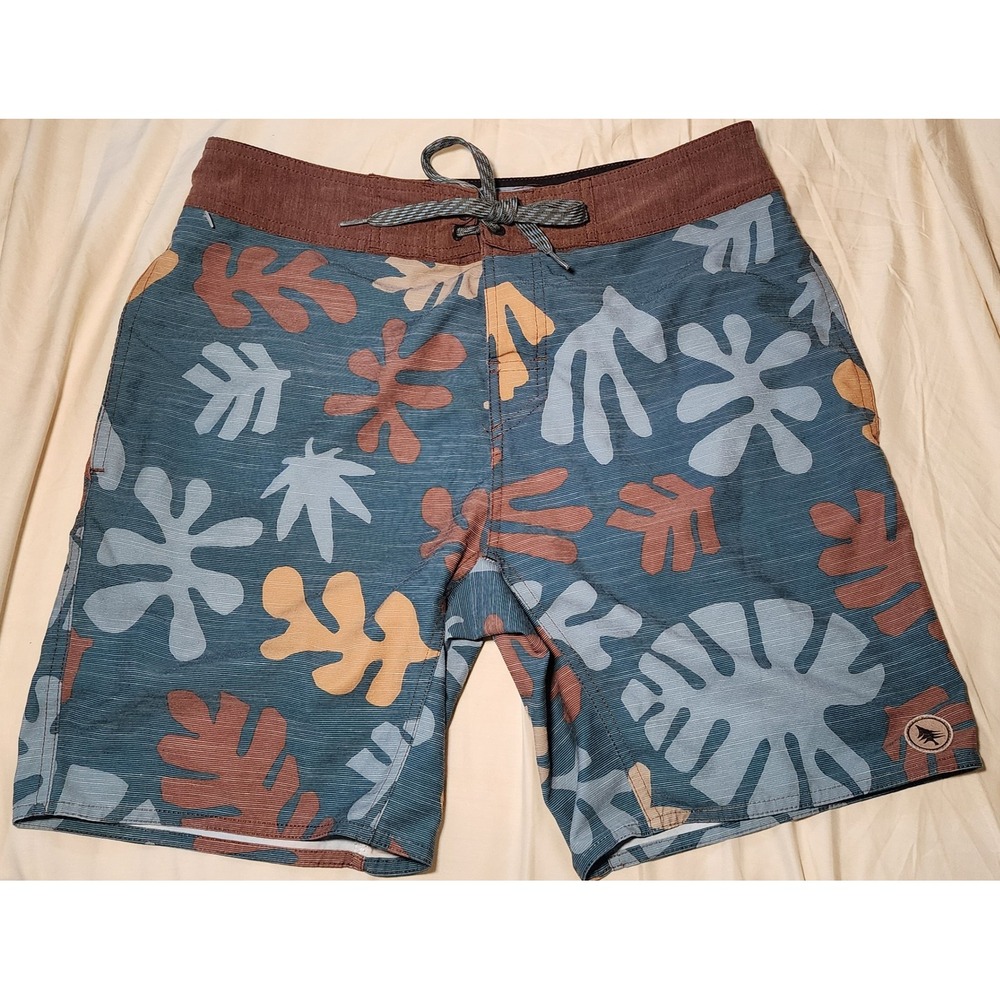 Hippytree Mens Bambora Board Shorts Size 30 Blue Tropical Leaf Print Swim Trunks